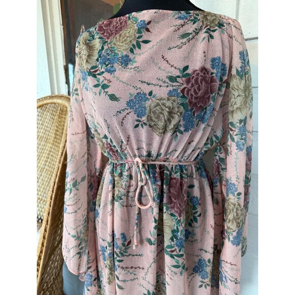 Vintage 60's Pink Floral Chiffon Style Maxi Dress Batwing Sleeves Sz L Boho - Picture 2 of 16